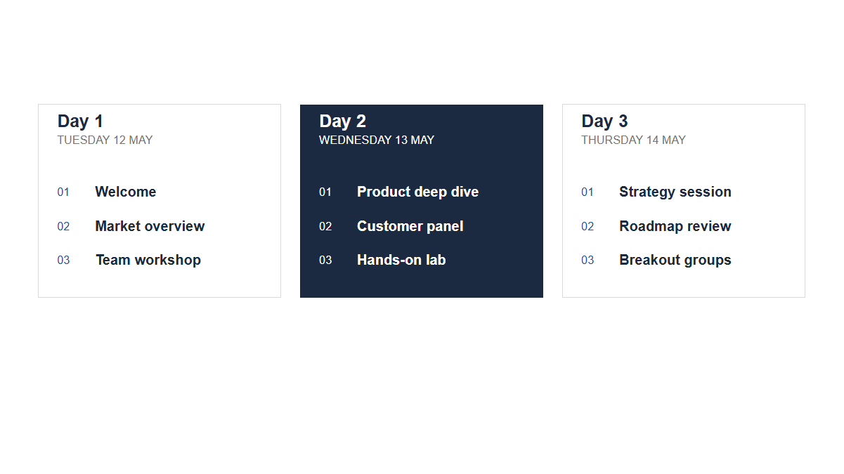 Agendas: Days · Blocks · Three