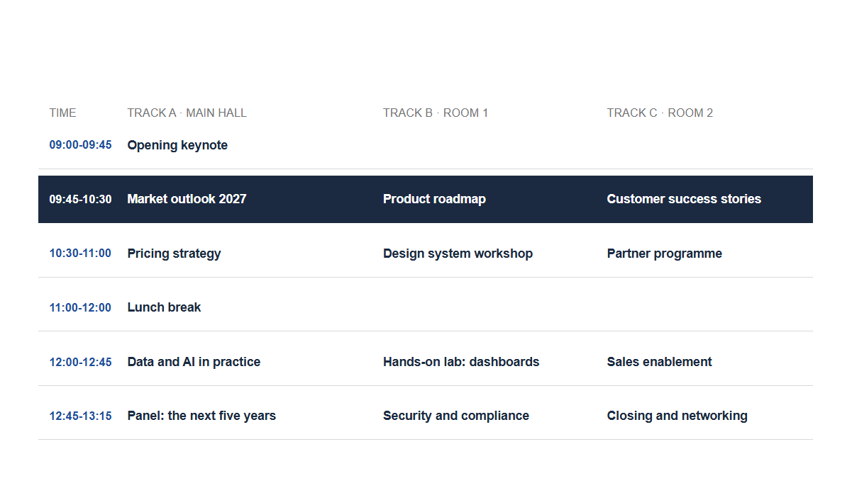 Agendas: Tracks · Grid · Three