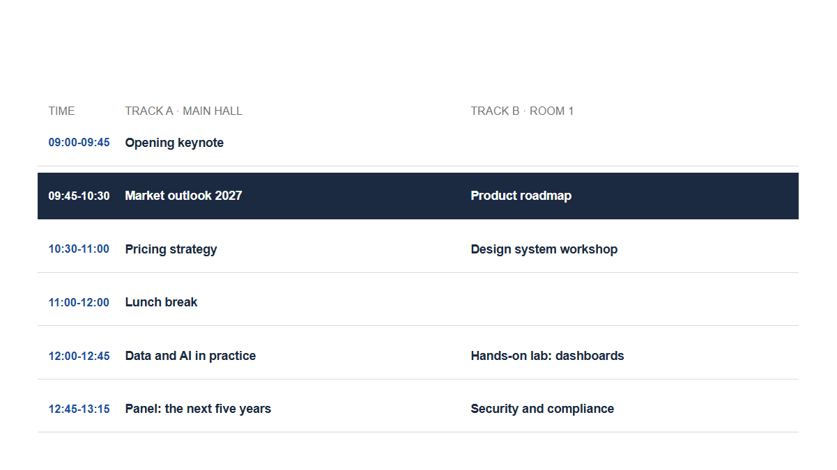 Agendas: Tracks · Grid · Two